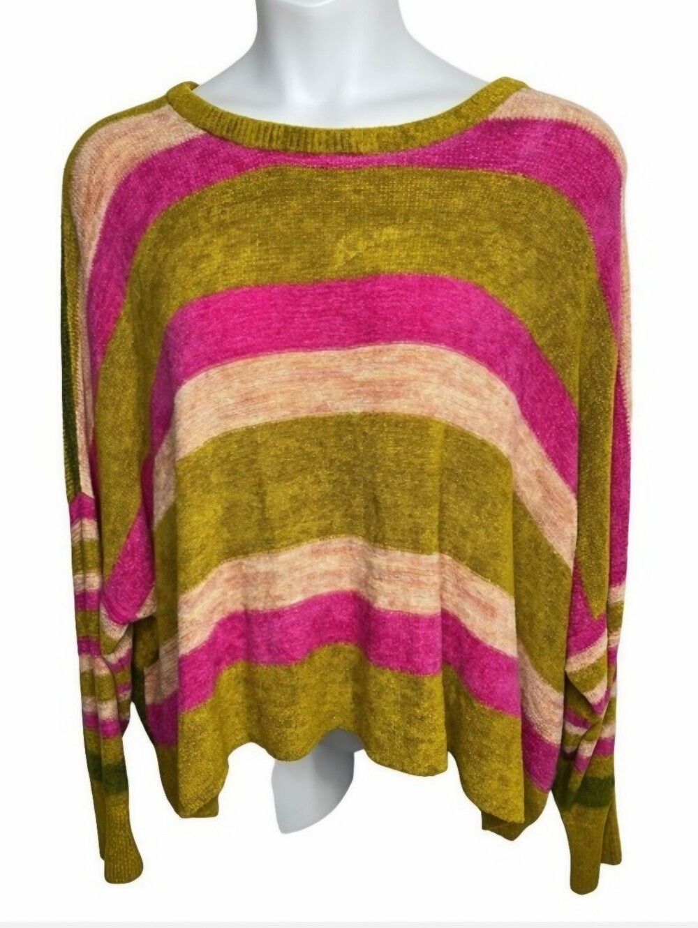 Free People Womens Large L Striped Boho Slouchy Long Sleeve Cropped Sweater